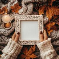 Wooden frame surrounded by autumn leaves and pinecones on a rustic wooden surface photo