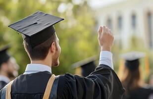 Graduate celebrating with a fist pump during the ceremony at a university campus in spring photo