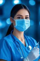 Nurse in blue scrubs holding a syringe in a clinical setting during daytime photo