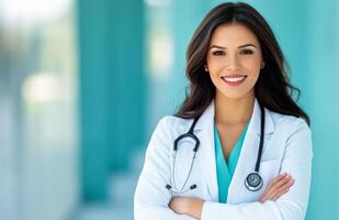 Young female doctor smiling confidently in a clinic with teal background photo