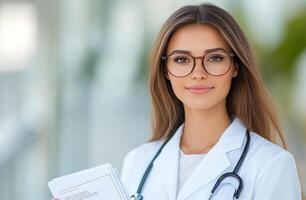A smiling healthcare professional in a clinic holding a clipboard during daylight hours photo