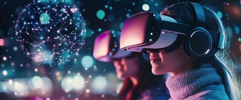Young people exploring virtual reality in a vibrant, futuristic setting during the evening photo
