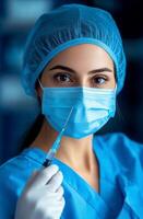 Nurse in blue scrubs holding a syringe in a clinical setting during daytime photo