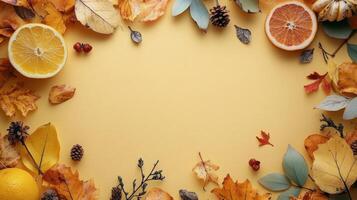 Autumn leaves and citrus fruits arranged on a yellow background photo