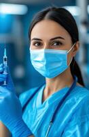 Medical professional holding syringes in a clinical setting during daytime photo