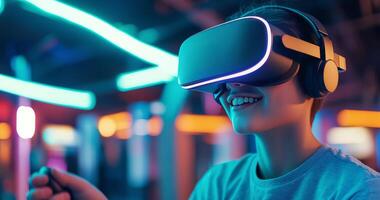 Woman experiences immersive virtual reality in a futuristic setting photo