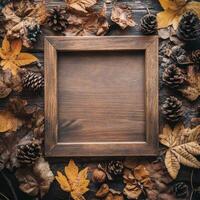 Wooden frame surrounded by autumn leaves and pinecones on a rustic wooden surface photo