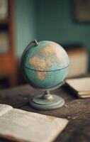 Vintage globe resting on a wooden table in a classroom setting photo