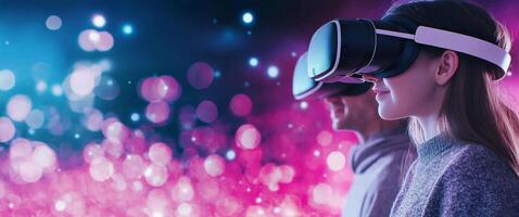 People engaging in virtual reality experience with colorful light background photo