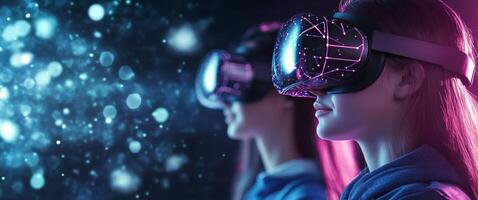 Young people exploring virtual reality in a vibrant, futuristic setting during the evening photo