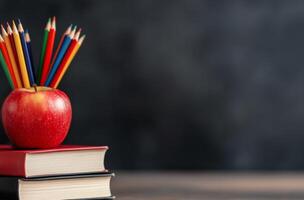 Red apple atop books with colored pencils against a dark background in a study setting photo
