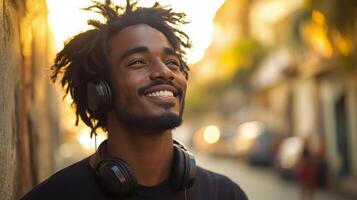 Young man enjoying autumn outdoors while listening to music with headphones photo