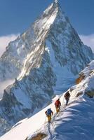 Climbers ascend snowy slopes with Matterhorn peak rising in the background during daylight photo