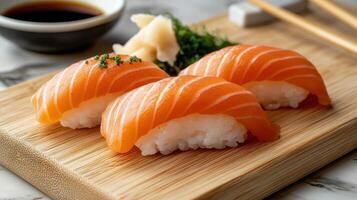 Fresh salmon sushi served on a wooden board with soy sauce and chopsticks photo