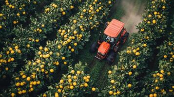 Tractor spraying pesticide in a citrus grove during daytime photo