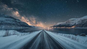 Driving through a snowy mountain road under a starlit sky at night photo