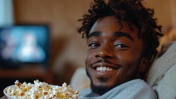 Young man enjoying popcorn while relaxing on a couch in a cozy living room at night photo