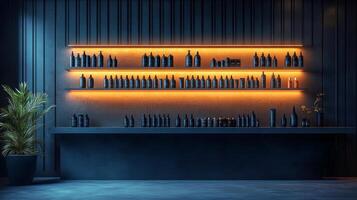 Modern spa interior with neatly arranged skincare products on wooden shelves photo