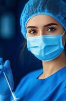 Nurse in blue scrubs holding a syringe in a clinical setting during daytime photo