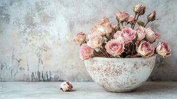 Dried pink roses arranged in a vintage ceramic bowl on a rustic tabletop photo