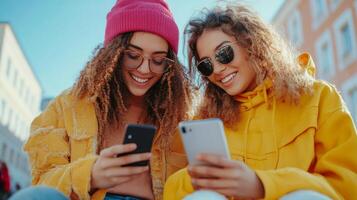 Friends enjoying a winter day outdoors, sharing laughter while looking at a smartphone photo