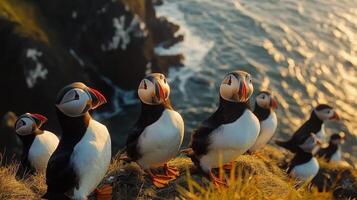 Three puffins perched on a grassy cliff overlooking the ocean at sunset photo