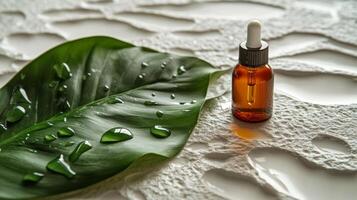 Natural oil dropper bottle with fresh green leaves on textured surface photo