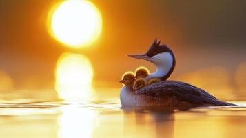 A mother bird and her chicks swim at sunset on a tranquil lake photo