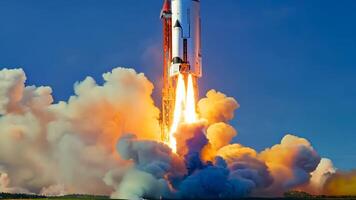 Rocket launch spaceship mission spacecraft take off engine fuel satellite orbit carrying astronauts moon exploration mars cargo safe ignition aerospace engineering progress advancement video