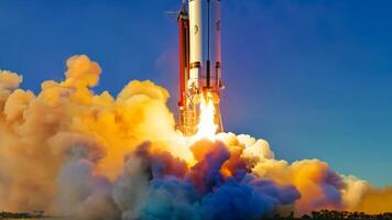 Rocket launch spaceship mission spacecraft take off engine fuel satellite orbit carrying astronauts moon exploration mars cargo safe ignition aerospace engineering progress advancement video