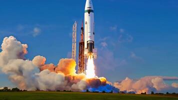 Rocket launch spaceship mission spacecraft take off engine fuel satellite orbit carrying astronauts moon exploration mars cargo safe ignition aerospace engineering progress advancement video
