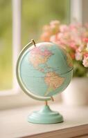 Vintage globe on wooden table with blurred flowers in the background during daytime photo