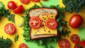 Colorful sandwich with lettuce, cheese, and cherry tomatoes on a vibrant background photo