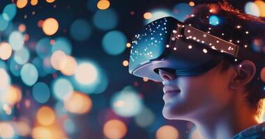 Woman experiences immersive virtual reality in a futuristic setting photo