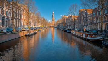 Scenic view of a canal with historic buildings and a boat in Amsterdam during sunset photo