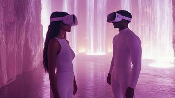Young women in virtual reality headsets interact under neon lights at a modern event space photo