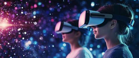 Young people exploring virtual reality in a vibrant, futuristic setting during the evening photo