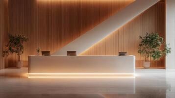 Modern reception area with stylish staircase and warm wooden accents in a contemporary building photo
