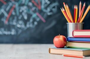 Colorful pencils and an apple on a stack of books against a blue background photo