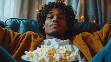 Young man enjoying popcorn while relaxing on a couch in a cozy living room at night photo