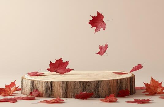 Autumn leaves resting on a wooden platform with soft shadows in natural light photo