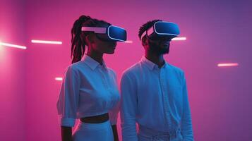 Young women in virtual reality headsets interact under neon lights at a modern event space photo
