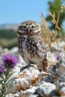 Small owl resting on rocks near purple wildflowers in sunlight photo