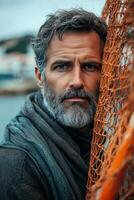 Fisherman sorting fresh catch by the harbor under cloudy skies photo