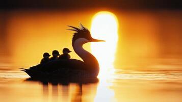 A mother bird and her chicks swim at sunset on a tranquil lake photo