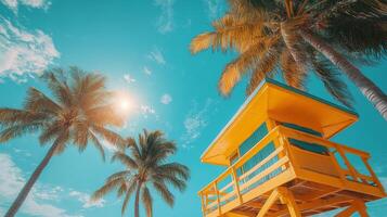 Bright tropical beach with lifeguard tower and palm trees under sunny blue sky photo