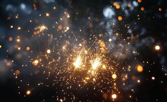 Abstract burst of orange and golden sparks against a dark background at night photo