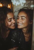 Two women enjoying a joyful makeup session in a bright bathroom with tiled walls photo