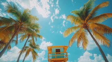Bright tropical beach with lifeguard tower and palm trees under sunny blue sky photo