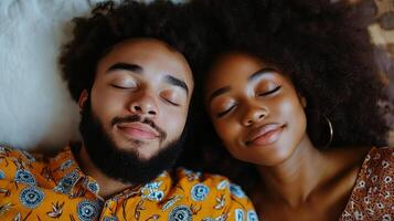 Cozy couple relaxing together on a couch in a warm, intimate setting during the evening photo